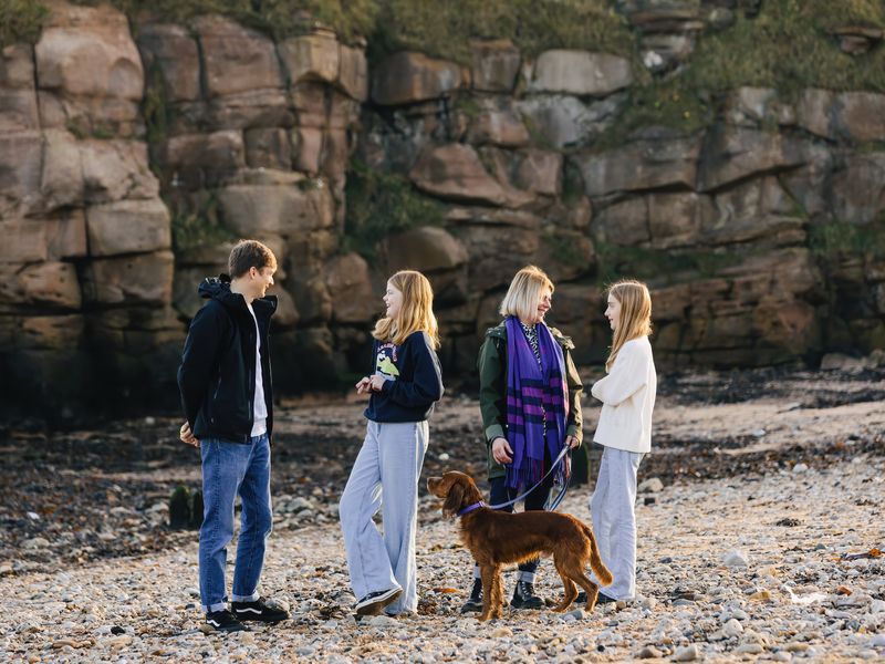A family of four stand on a rocky beach with a red Cocker Spaniel smiling at each other